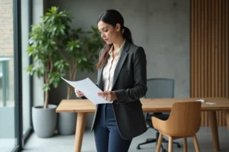 Femme en tailleur élégant gris anthracite et chemisier ivoire dans un bureau moderne minimaliste, garde-robe capsule professionnelle