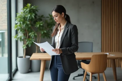 Femme en tailleur élégant gris anthracite et chemisier ivoire dans un bureau moderne minimaliste, garde-robe capsule professionnelle