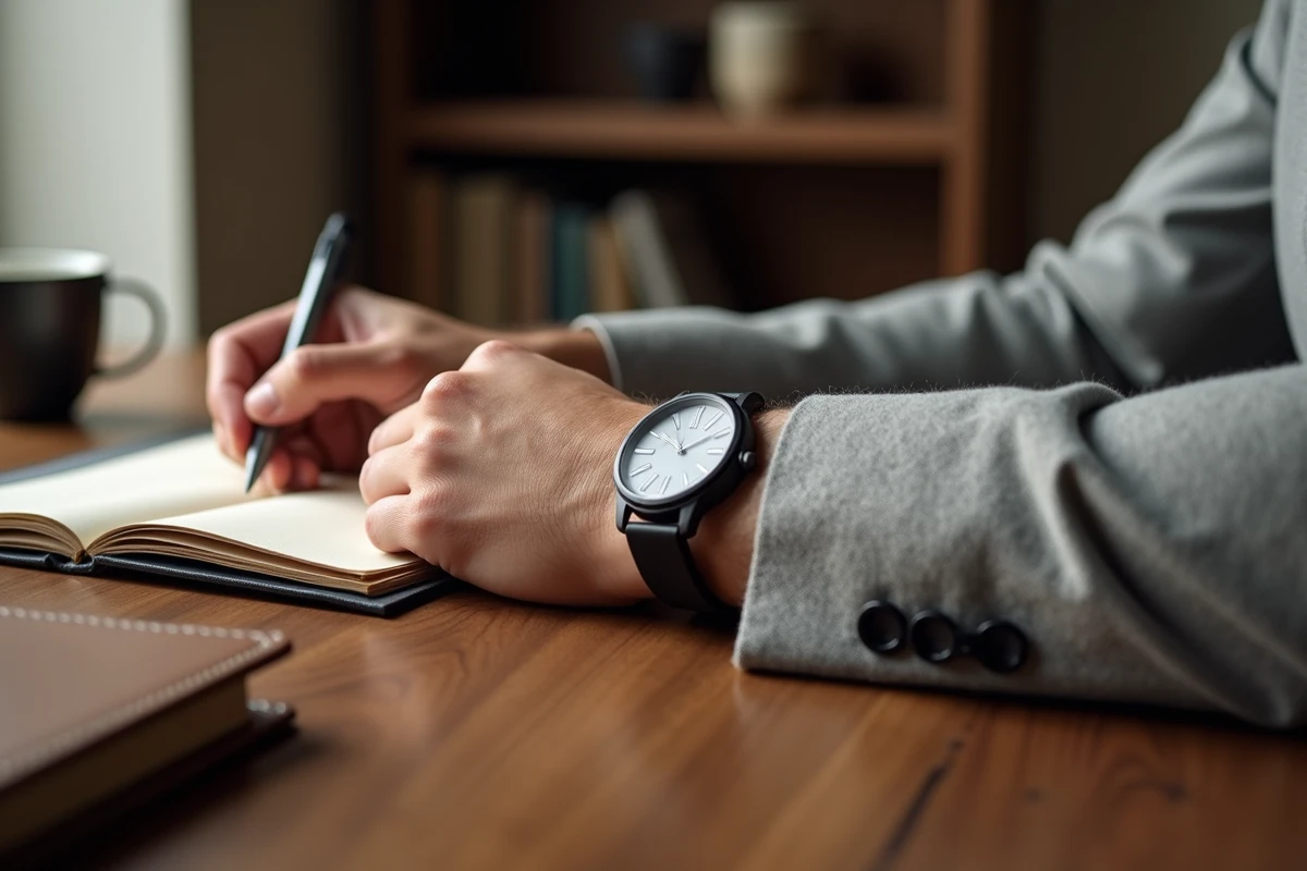 Gros plan d'un bracelet de force cuir noir et montre minimaliste sur poignet homme en blazer gris
