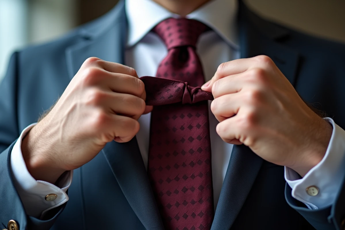 Gros plan des mains d'un homme en train de faire un nœud de cravate double Windsor en soie bordeaux