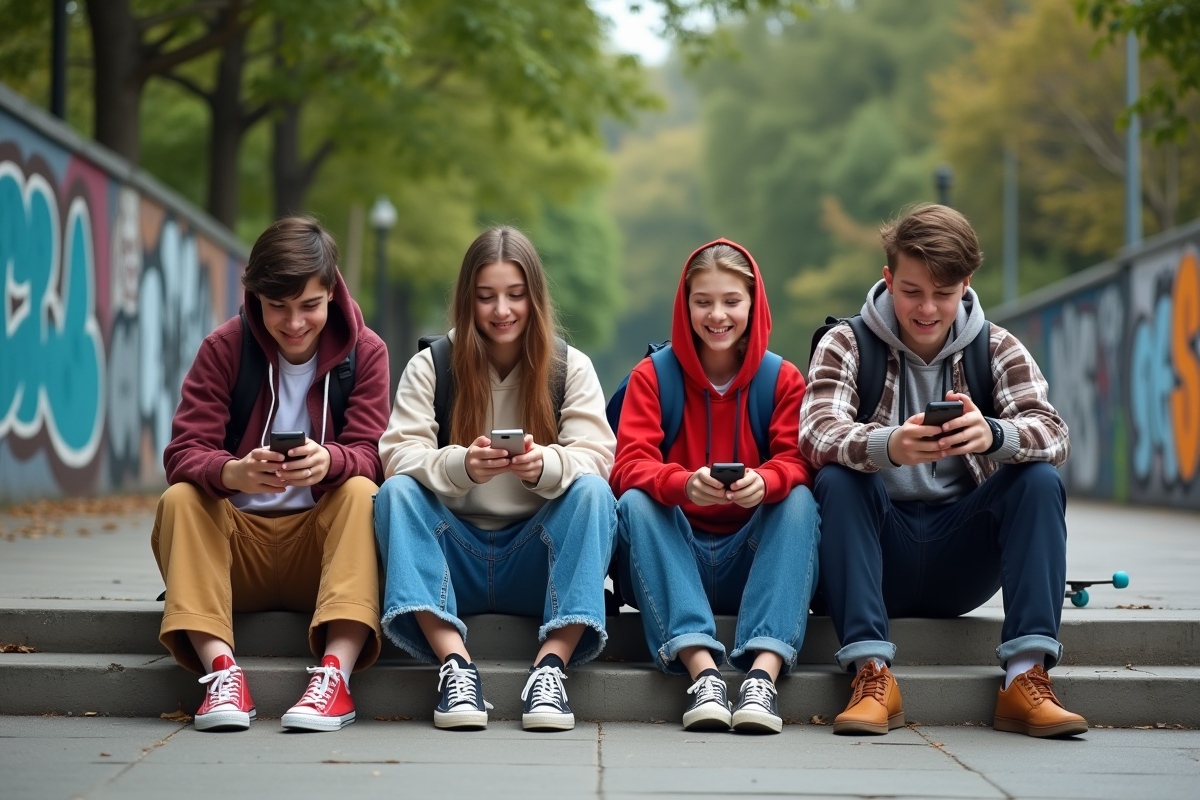 Groupe de quatre amis adolescents assis dans un parc urbain