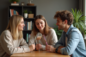 Groupe d'adultes se regardant dans un miroir dans un salon chaleureux