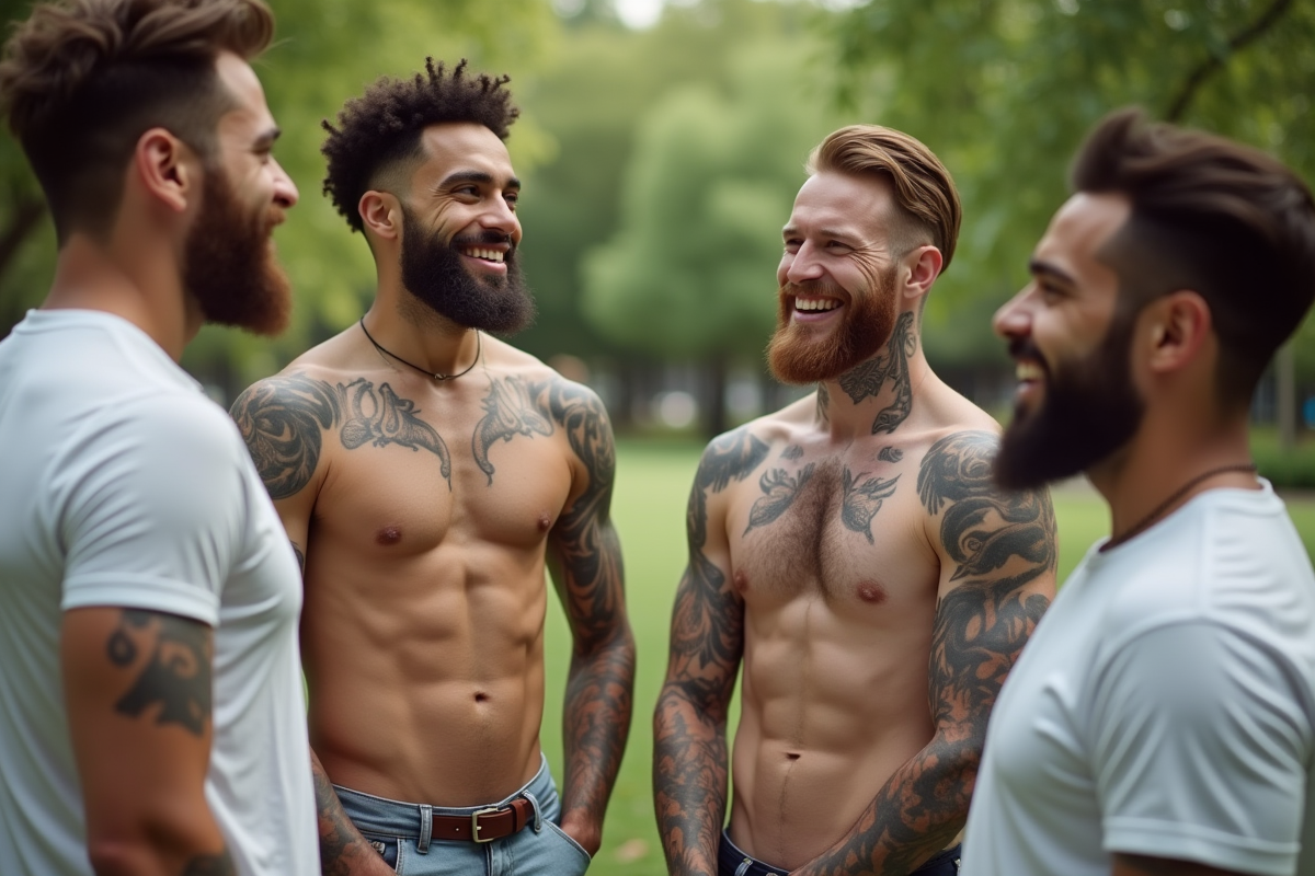 Groupe d hommes avec tatouages en plein air en été