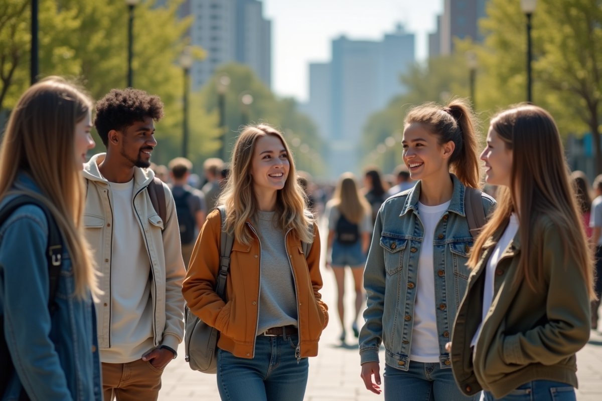 Groupe de jeunes adultes en ville en tenues tendance