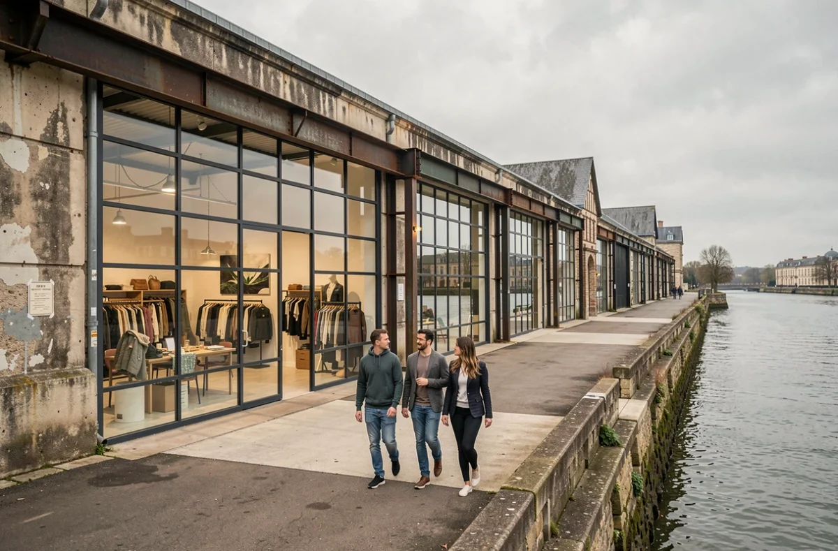 Le Hangar à Bananes dans le Quartier de la Création à Nantes vu depuis les bords de Loire avec ses boutiques de designers