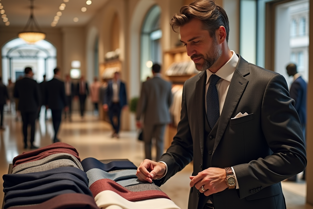Homme en costume examinant une cravate en magasin