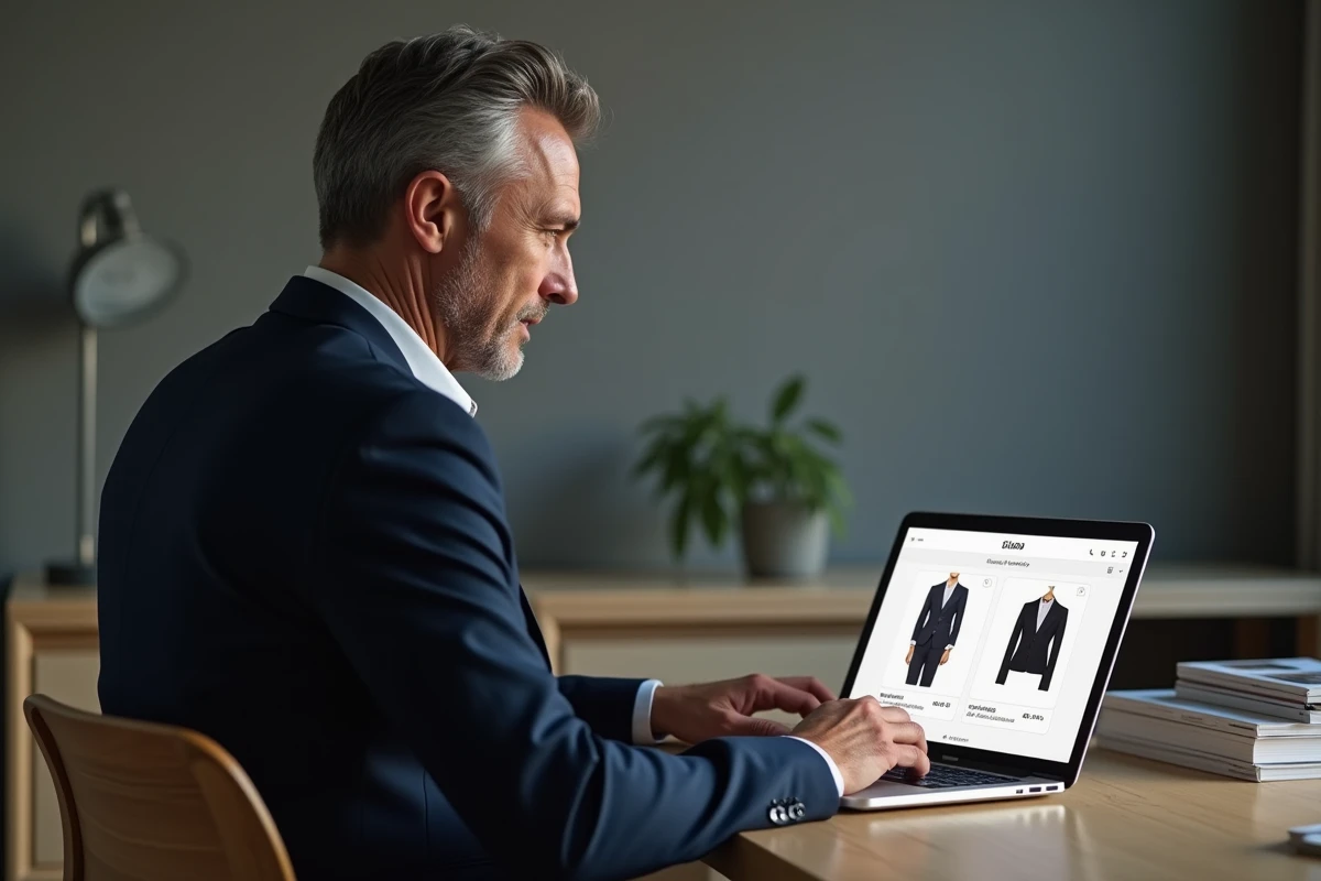 Homme consultant une plateforme de revente de luxe en ligne pour des pièces de marques de luxe en A dans un bureau moderne