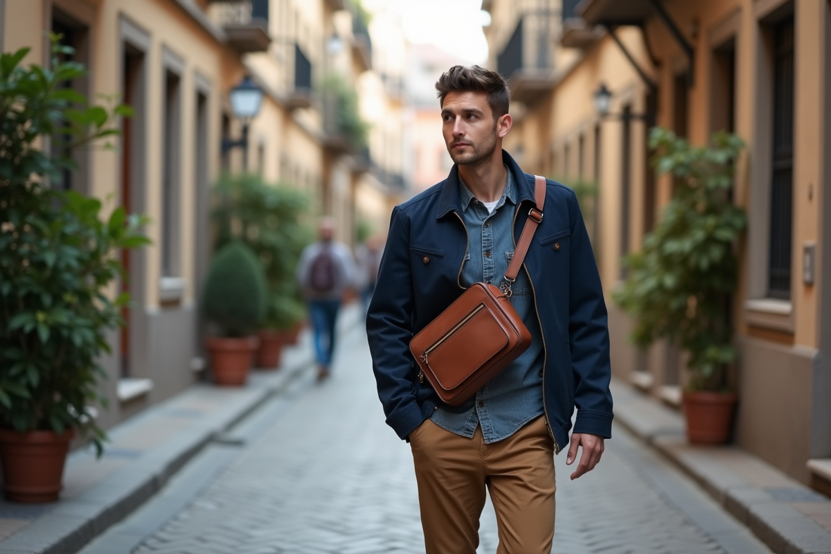Homme montrant la hauteur idéale du sac en extérieur