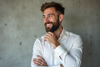 Portrait d'un homme barbu en studio lumineux