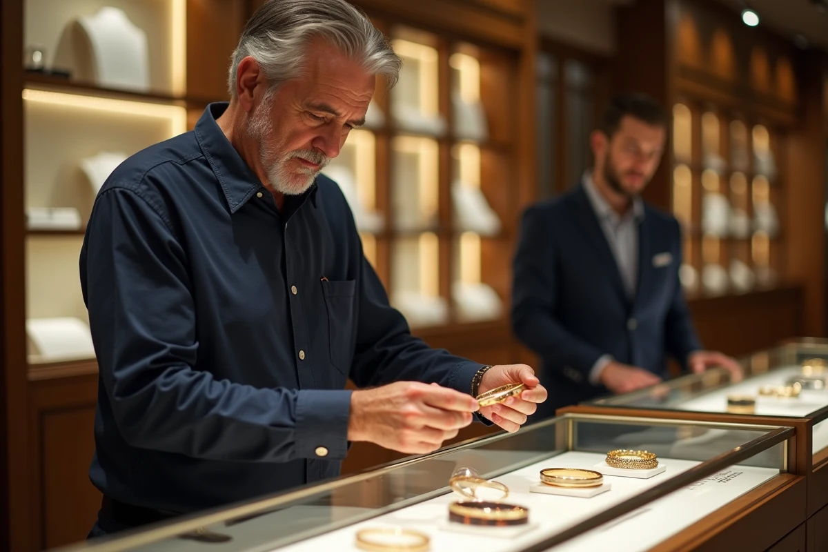 Homme inspectant des bracelets en bijouterie élégante