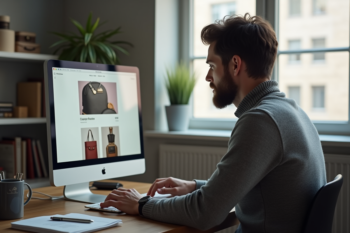 Homme en télétravail consultant un site de luxe