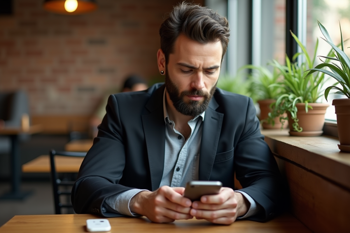 Homme barbu au café regardant son smartphone