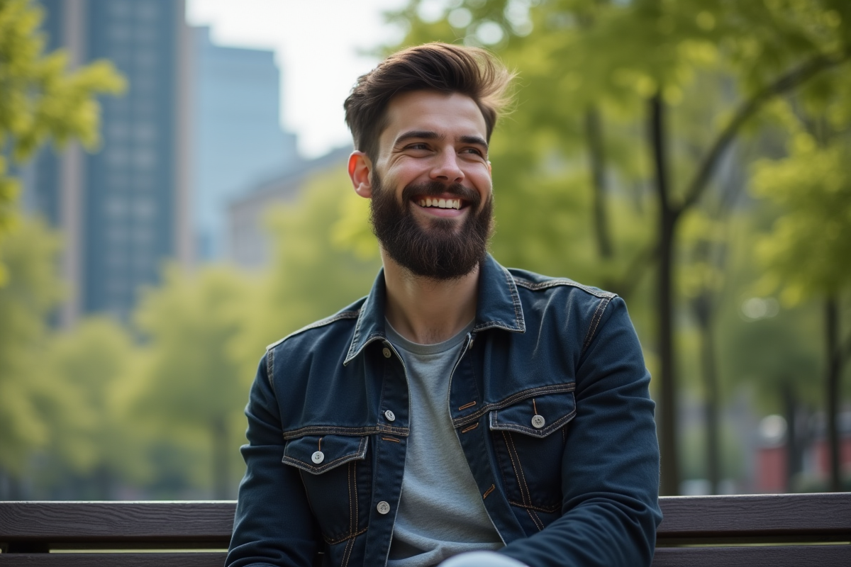 Jeune homme en denim dans un parc urbain