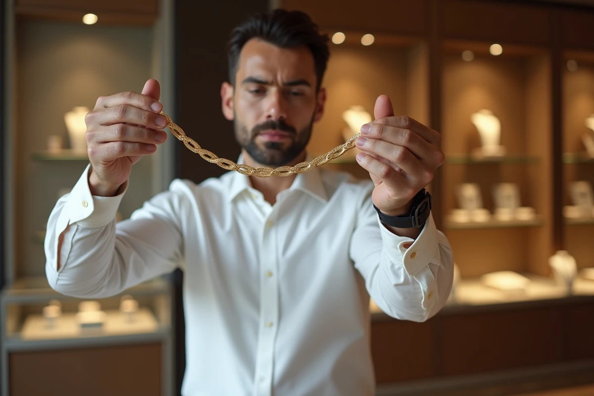 Homme en costume examinant une chaîne en or 18 carats dans une bijouterie