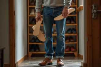 Homme d'âge moyen tenant des embauchoirs en bois près de chaussures en cuir