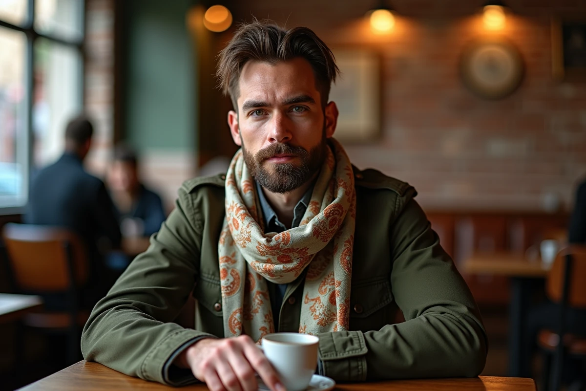 Homme barbu avec un chèche imprimé paisley autour du cou assis dans un café français en veste militaire verte