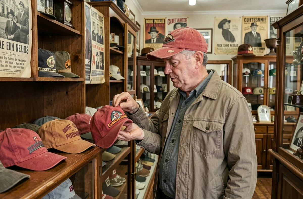 Homme examinant une casquette Trump vintage dans une boutique d'antiquités remplie de souvenirs politiques américains