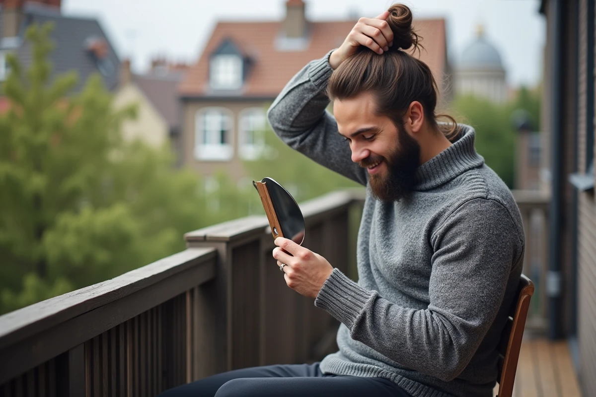 Homme aux cheveux longs se coiffant sur un balcon