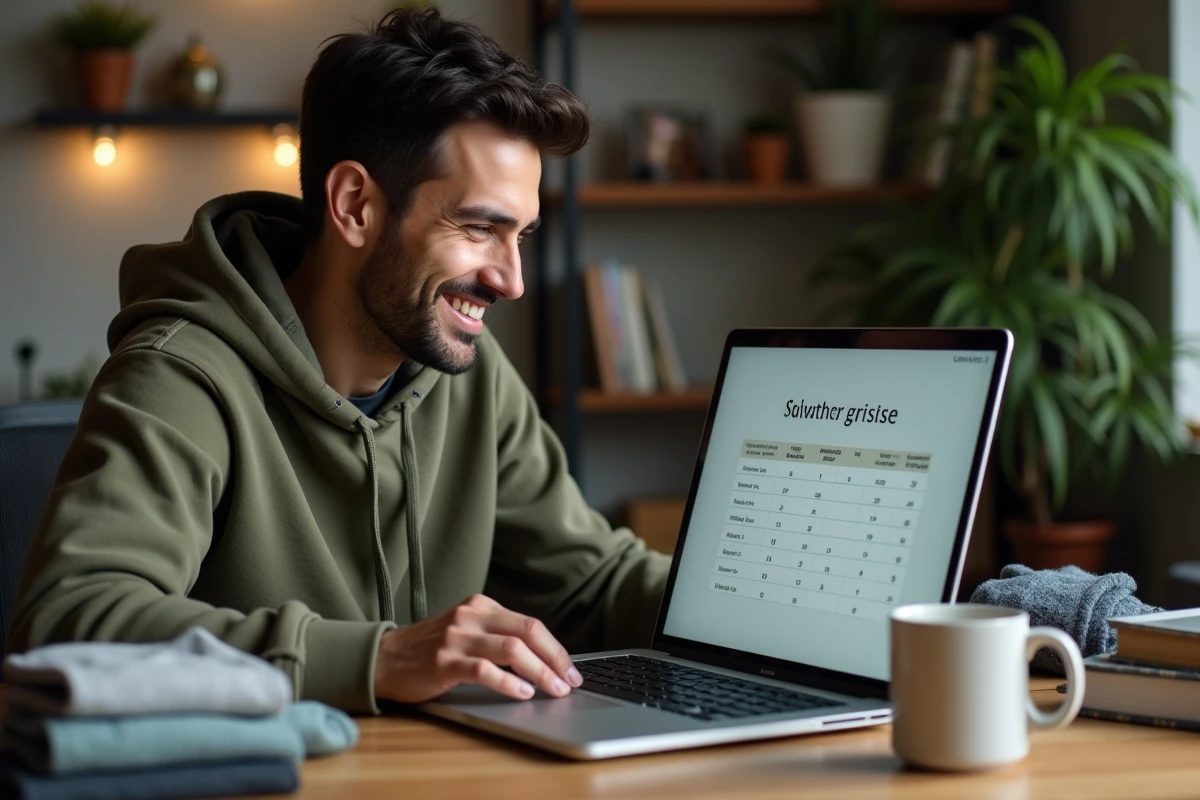 Homme utilisant un convertisseur de taille vêtement en ligne sur ordinateur portable à la maison