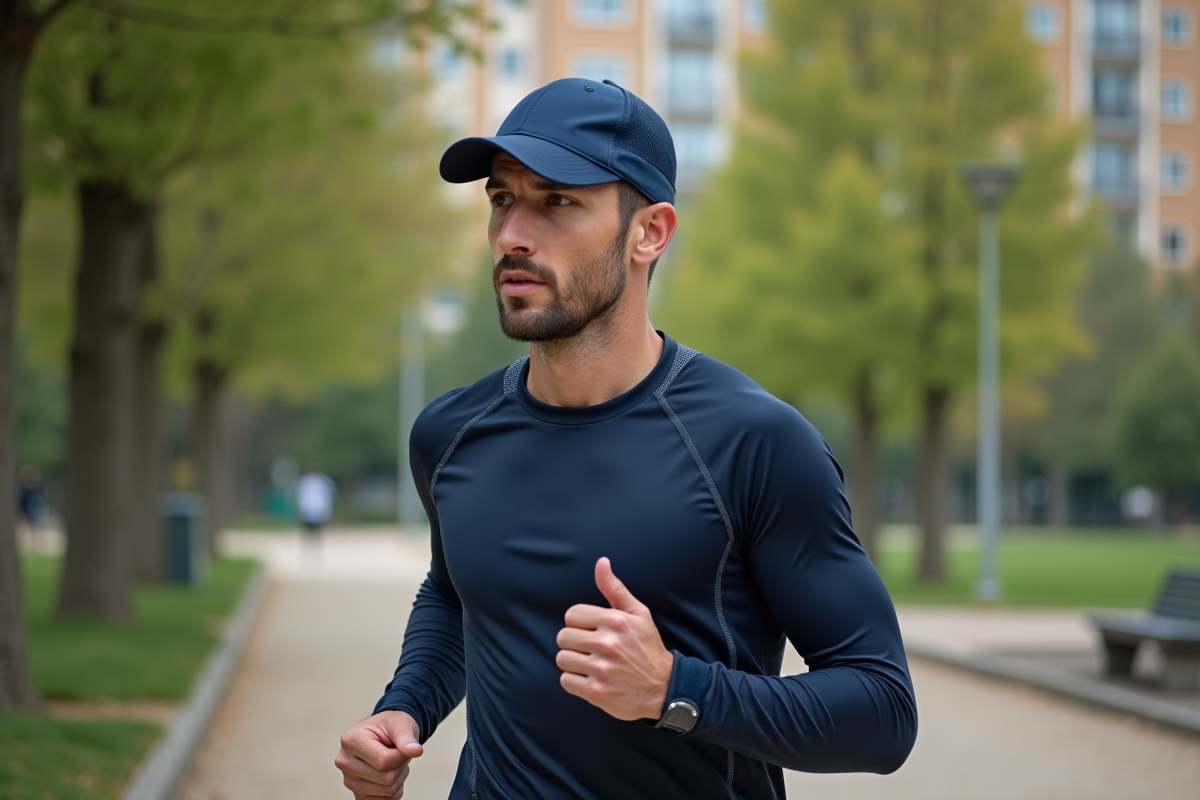 Homme courant dans un parc urbain avec un bonnet antisweat