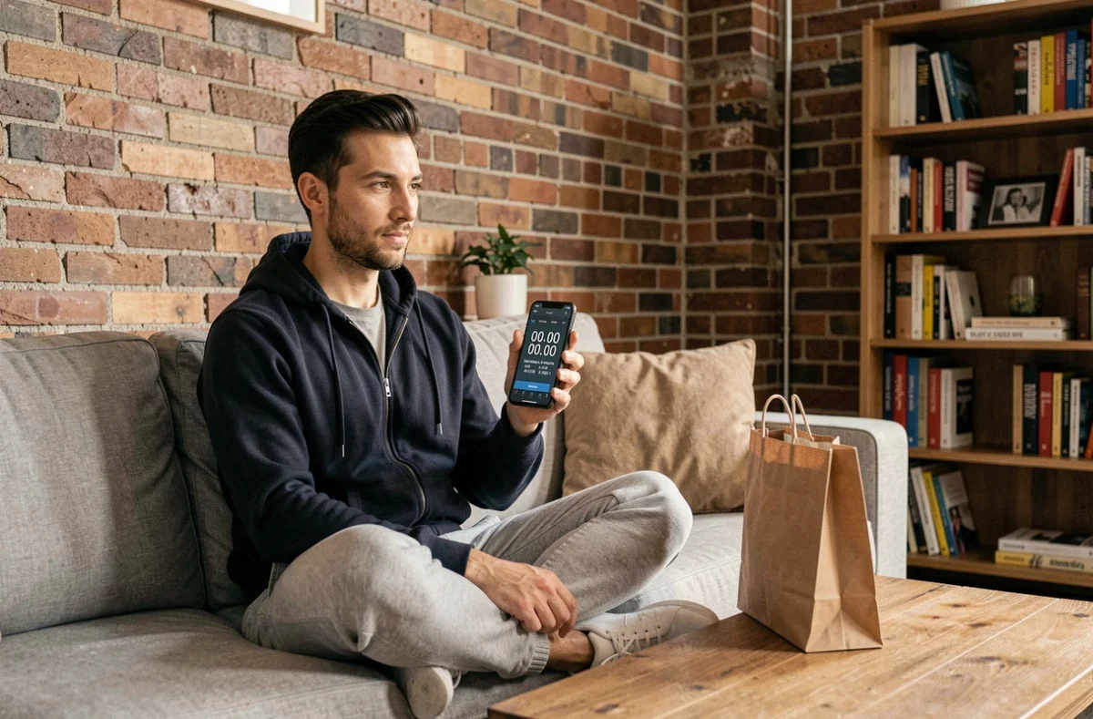 Homme assis sur un canapé consultant les dates de ventes privées et soldes sur son smartphone