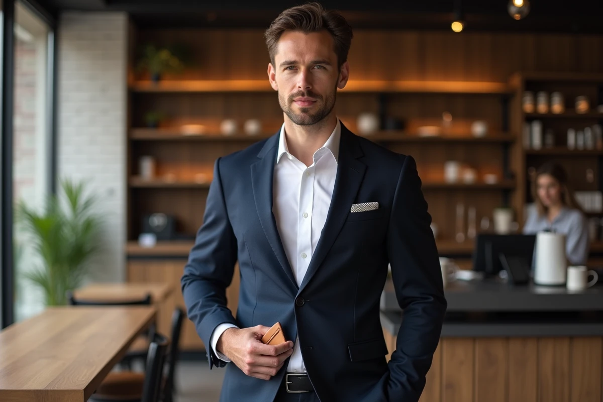 Homme élégant en blazer dans un café moderne