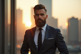 Homme élégant avec barbe soignée en costume moderne