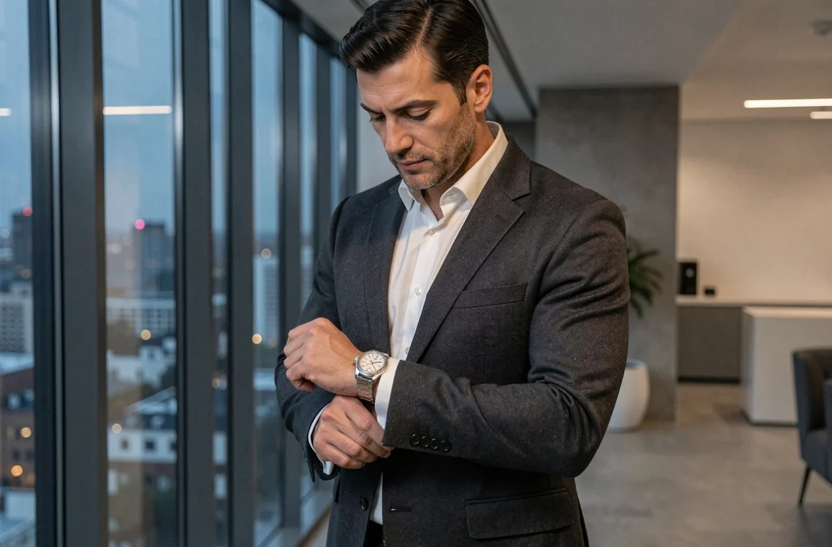 Homme élégant en costume sur mesure ajustant sa montre de luxe devant une baie vitrée avec panorama urbain européen au crépuscule