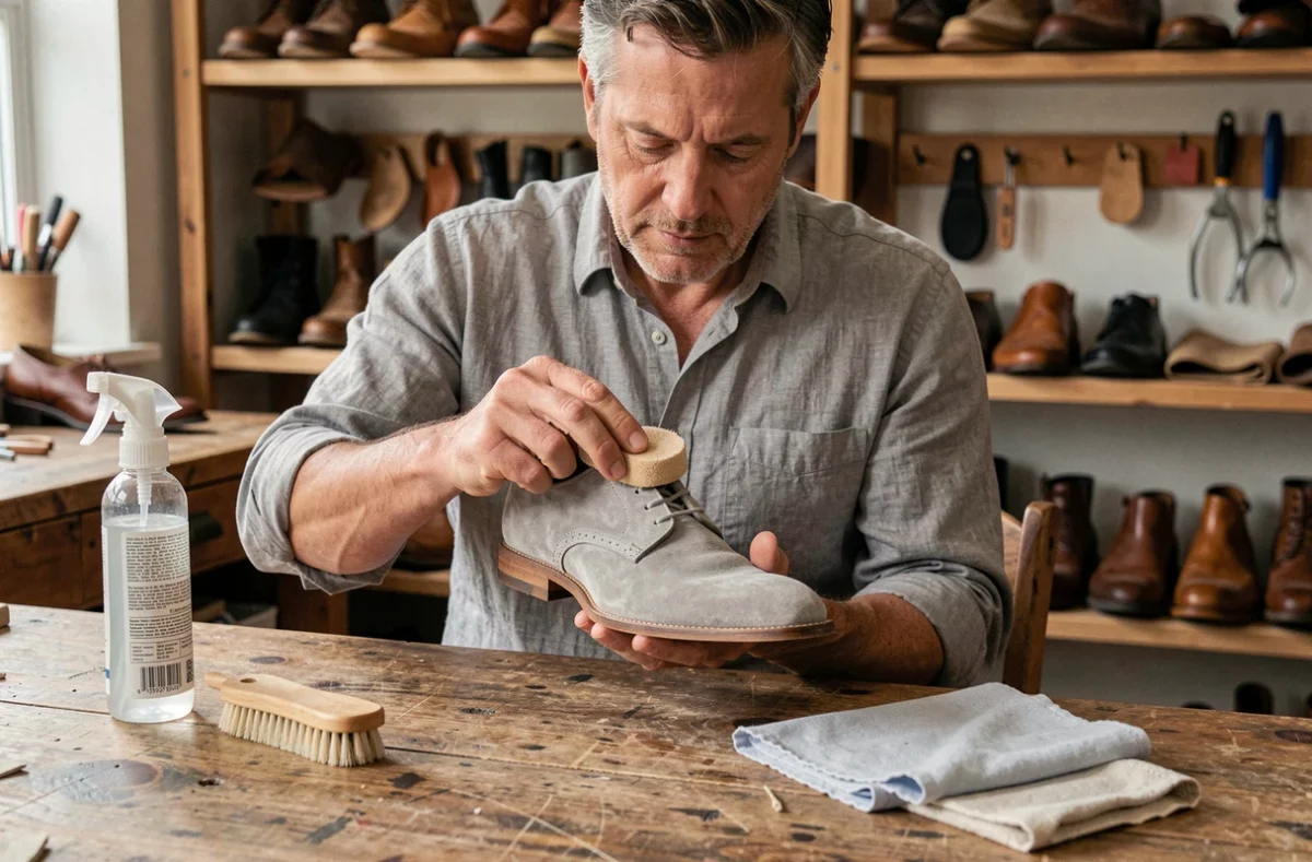 Homme entretenant des chaussures oxford en daim gris clair avec une gomme spéciale dans un atelier de cordonnier
