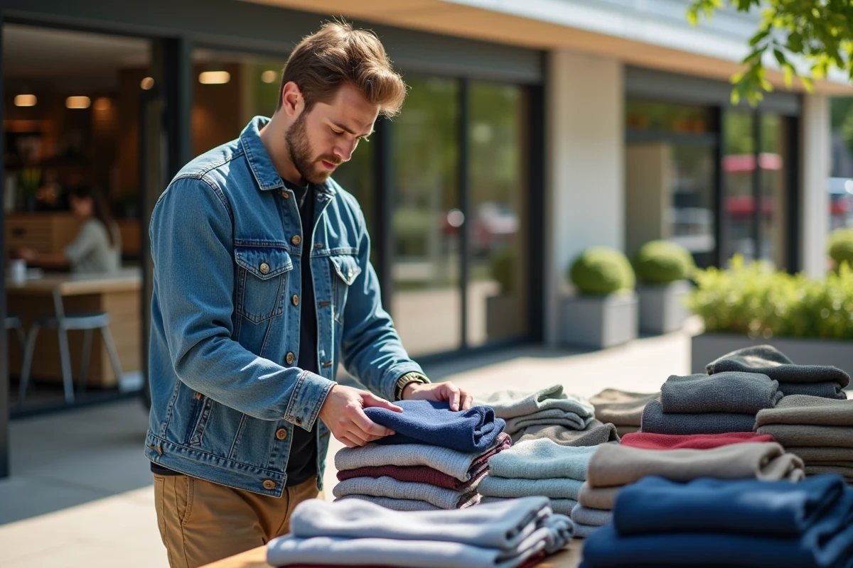 Homme en denim et chinos regarde pulls nautiques en extérieur