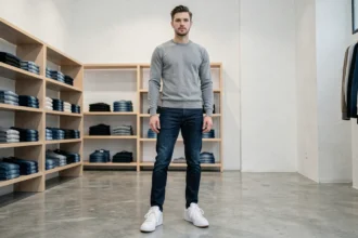 Homme grand et mince portant un jean slim indigo et des baskets blanches basses dans une boutique de mode urbaine minimaliste