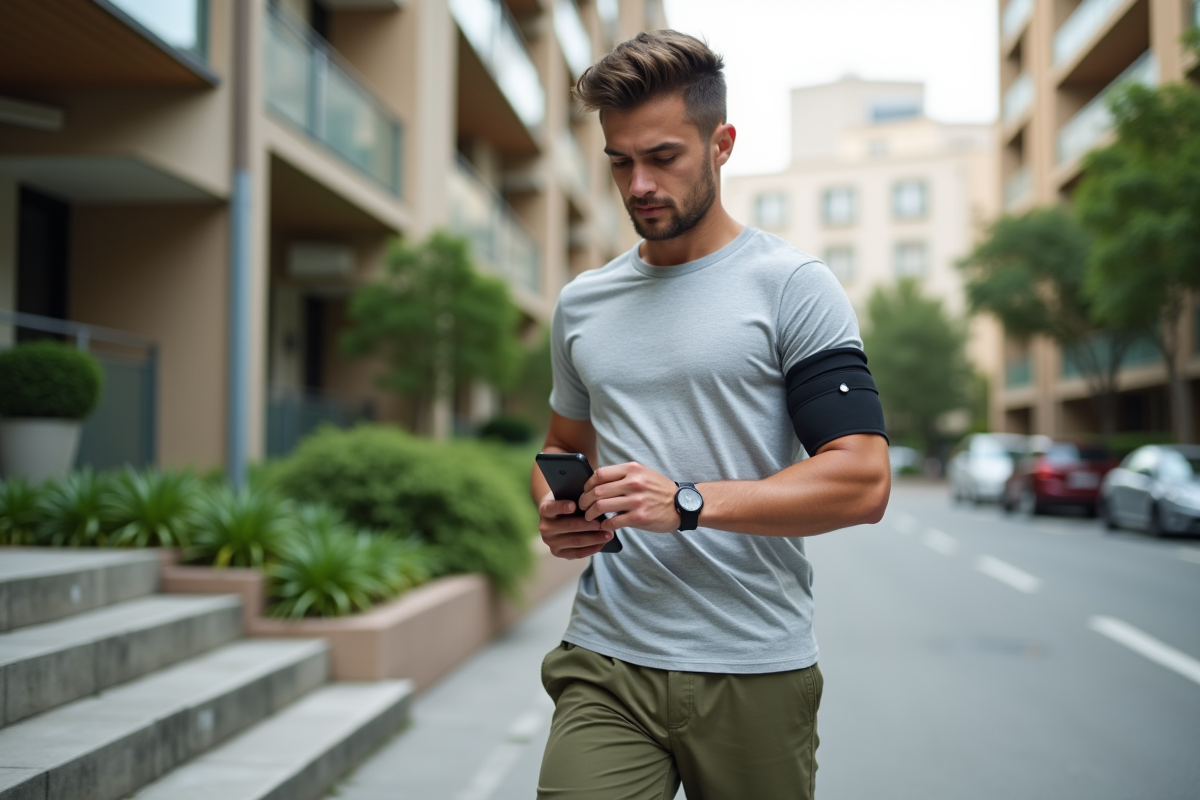 Homme en tenue de sport ajustant son téléphone