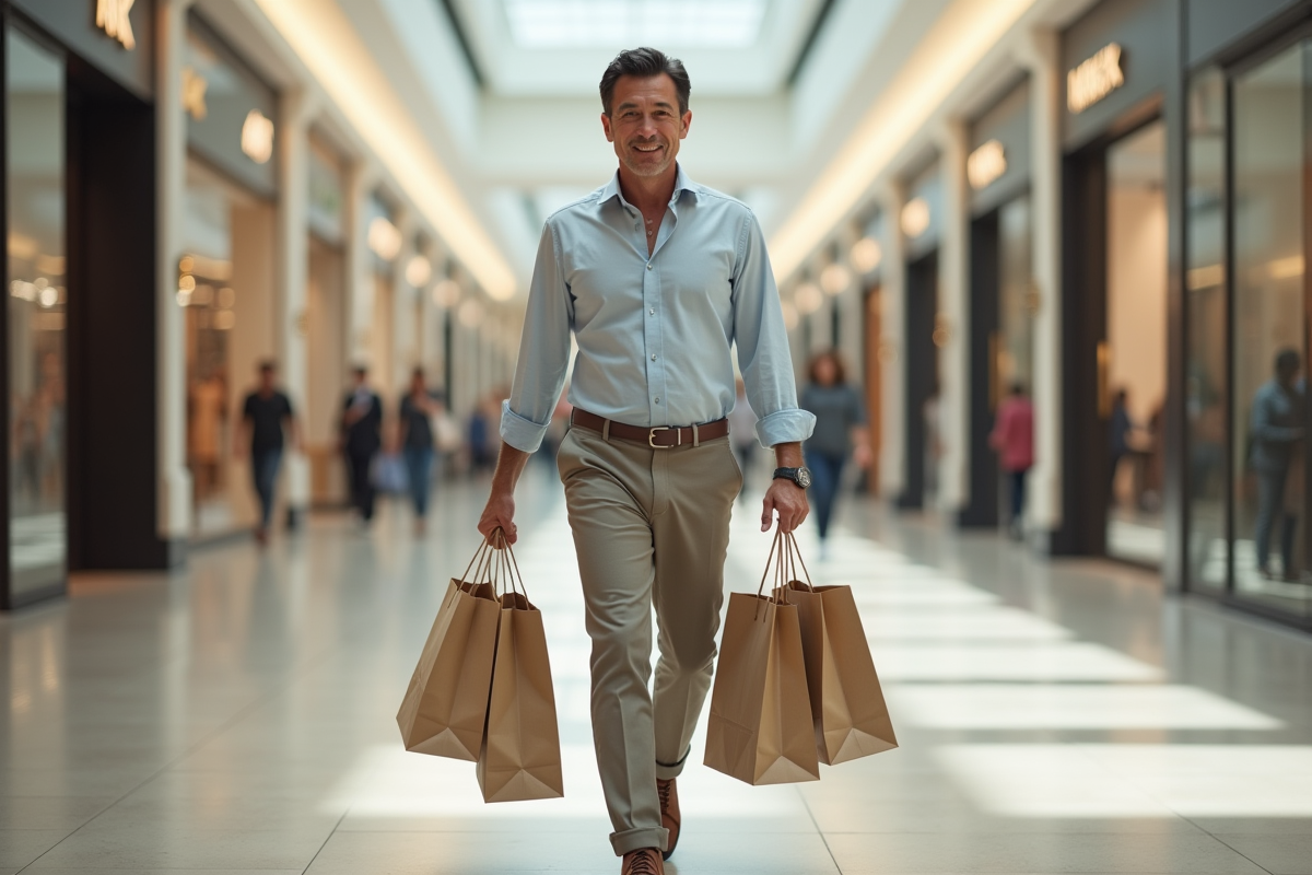 Homme marchant dans un centre commercial avec sacs