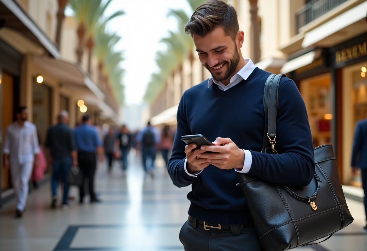 Jeune homme vérifiant son smartphone au marché de Dubai