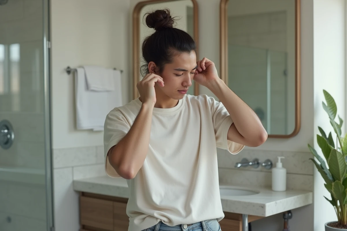 Jeune homme coiffant un bun dans la salle de bain