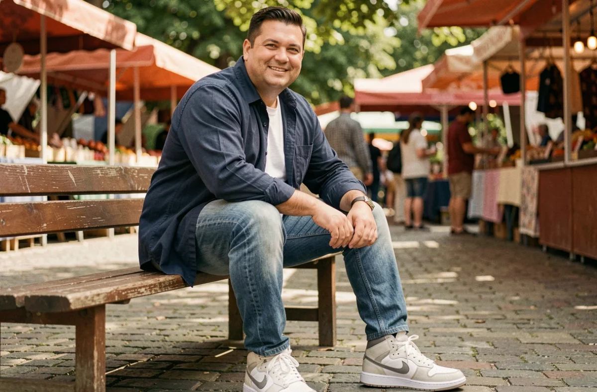 Homme corpulent en jean droit taille haute et sneakers montantes assis sur un banc dans un marché extérieur animé