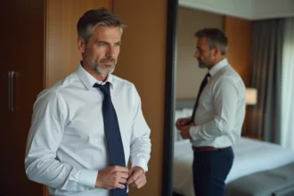Homme en chemise blanche nouant une cravate double Windsor devant un miroir dans une chambre moderne