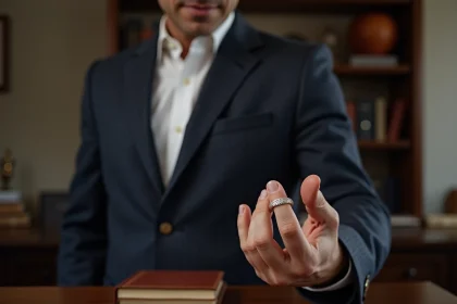 Homme en blazer admirant une bague en or blanc