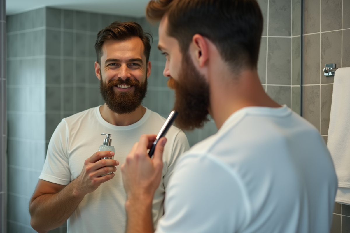 Homme avec barbe se rasant dans une salle de bain moderne