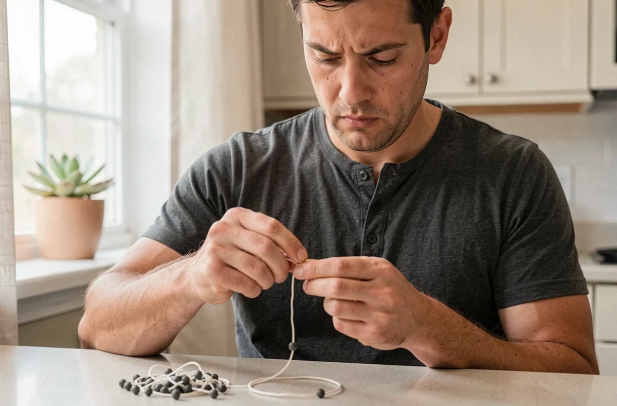 Homme concentré qui renoue un bracelet artisanal après plusieurs essais ratés sur un plan de travail de cuisine
