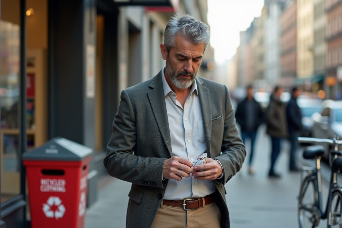 Homme réparant une veste en ville avec kit couture