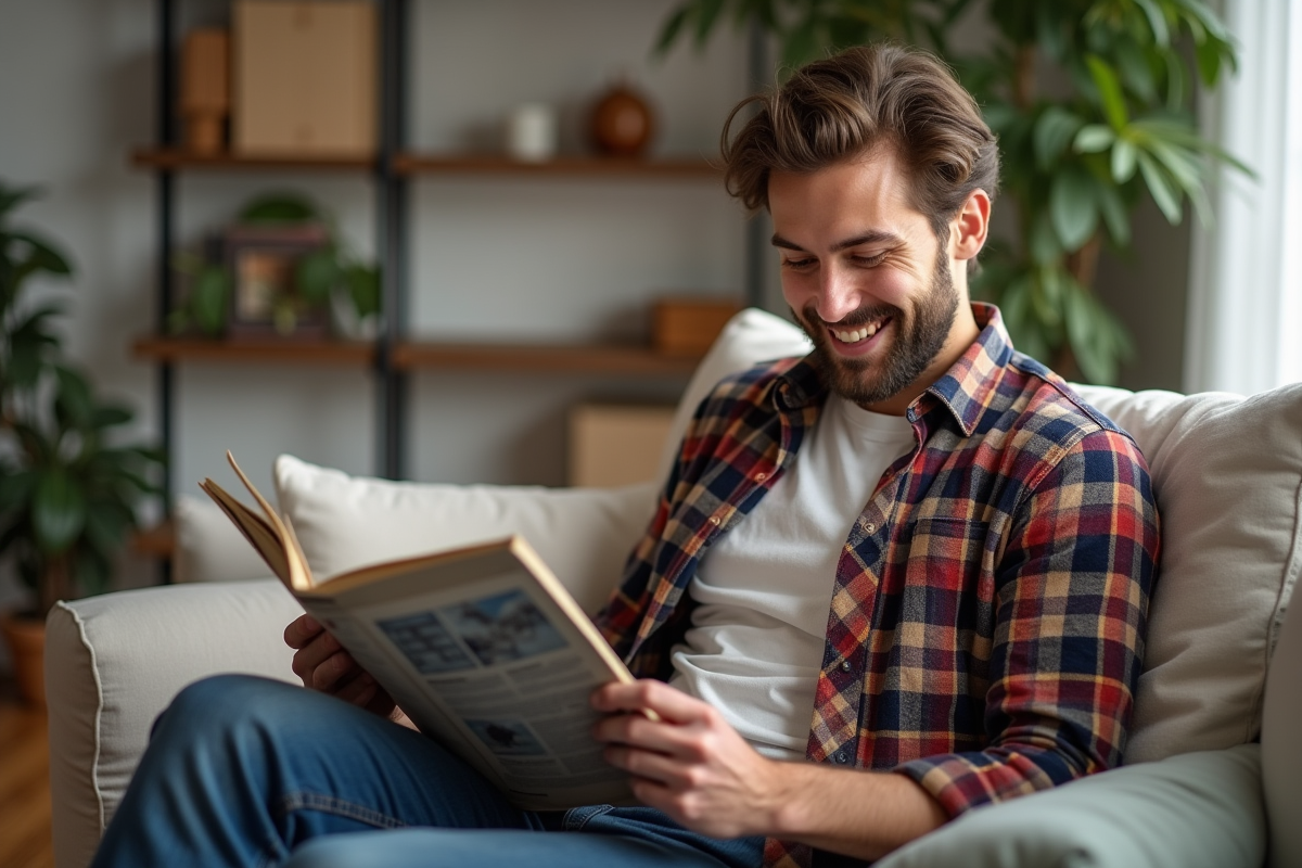 Homme détendu dans un salon avec chemise plaid