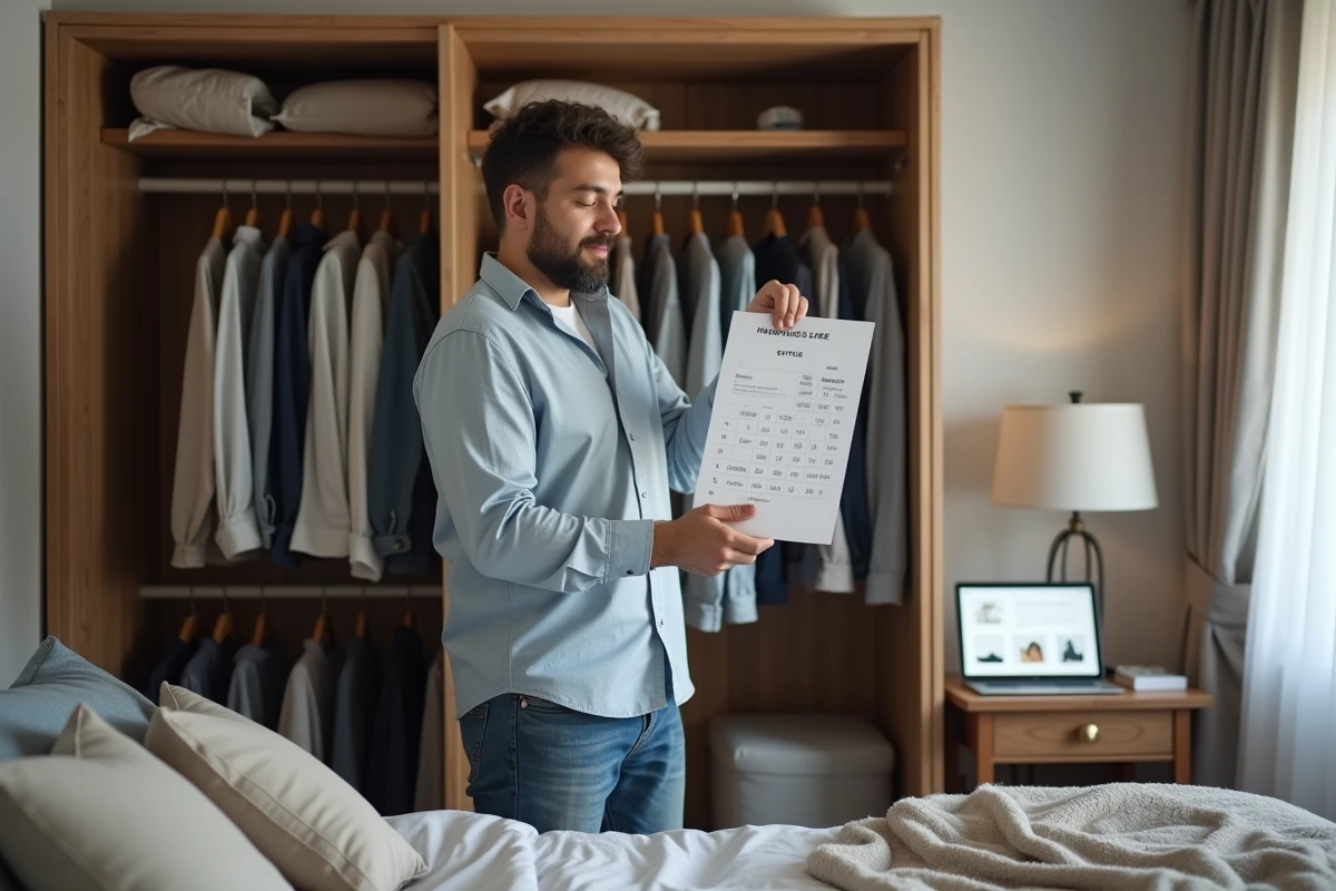 Homme regardant un tableau de conversion de tailles dans une chambre organisée
