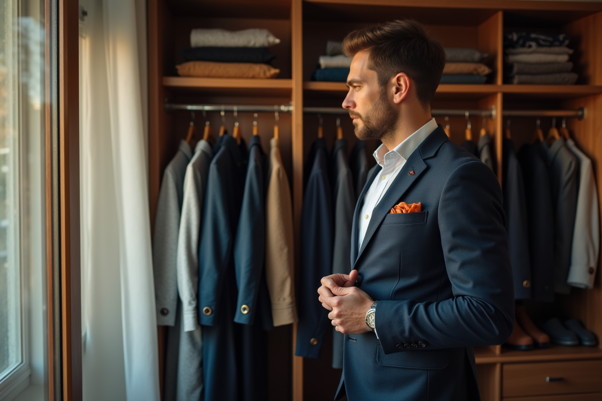 Homme bien habille choisissant ses vêtements dans une garde-robe
