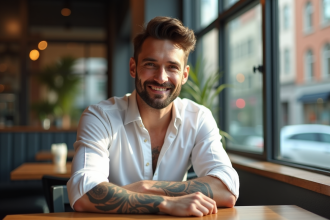 Homme confiant avec tatouage bras assis au cafe