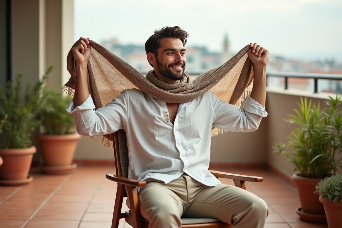 Homme détendu portant un foulard sur terrasse extérieure