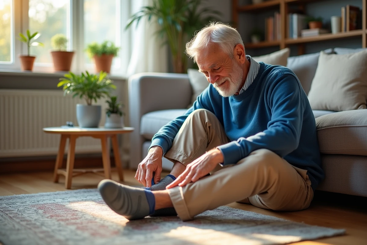 Homme âgé essaie ses nouvelles chaussures à la maison