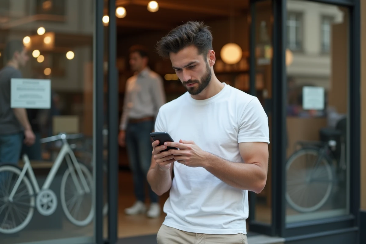 Homme en ville regardant son smartphone dans la rue