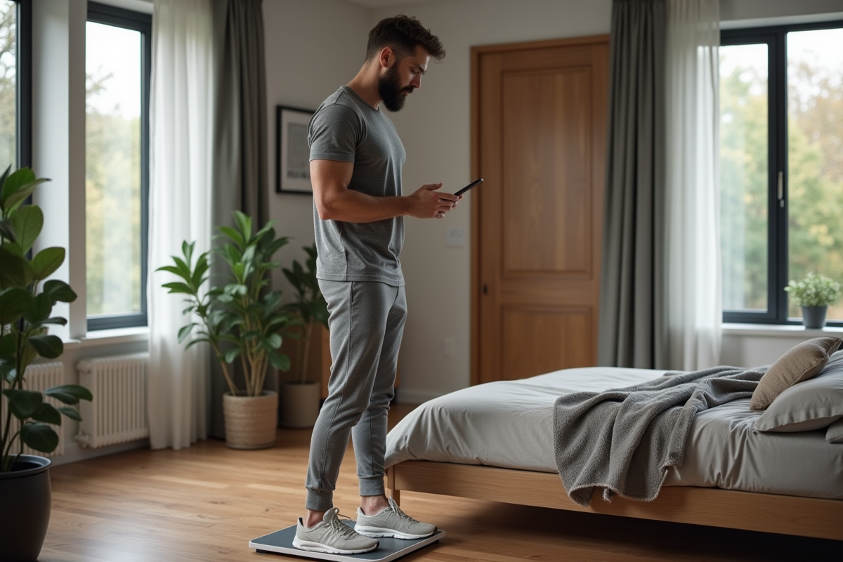 Homme vérifiant son poids sur une balance connectée dans la chambre