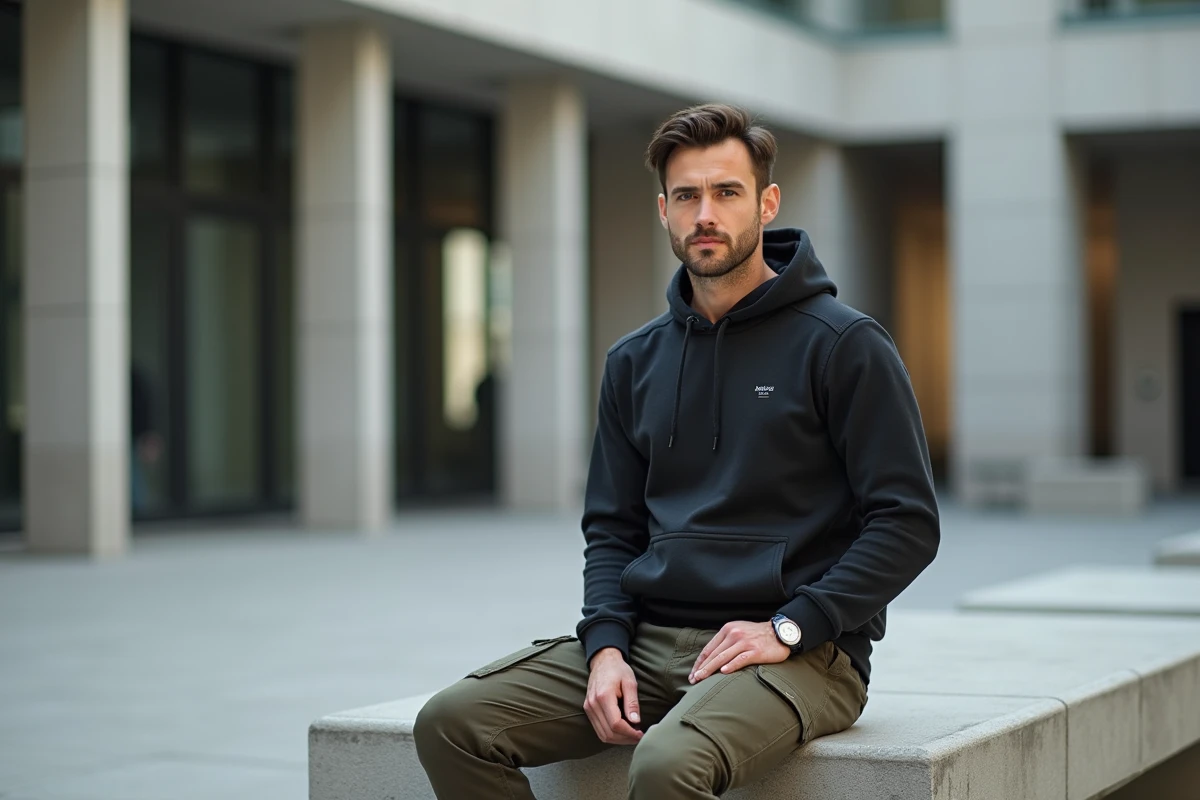 Homme portant un hoodie connecté avec capteurs biométriques assis dans une place urbaine moderne, représentant la mode technologique du quotidien